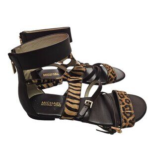 Michael Kors Winston Animal Print Leather & Cow Hair Gladiator Sandals Back Zipp